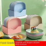10 Pcs Plates With Stand, Multi-function Dish,Square Lightweight Wheat Straw Plates, Deep Dinner Dishes - Image 2
